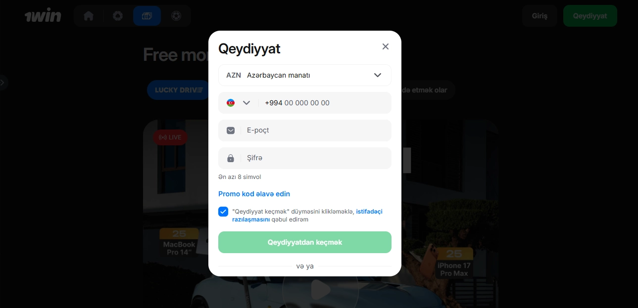 1Win-də registrasiya